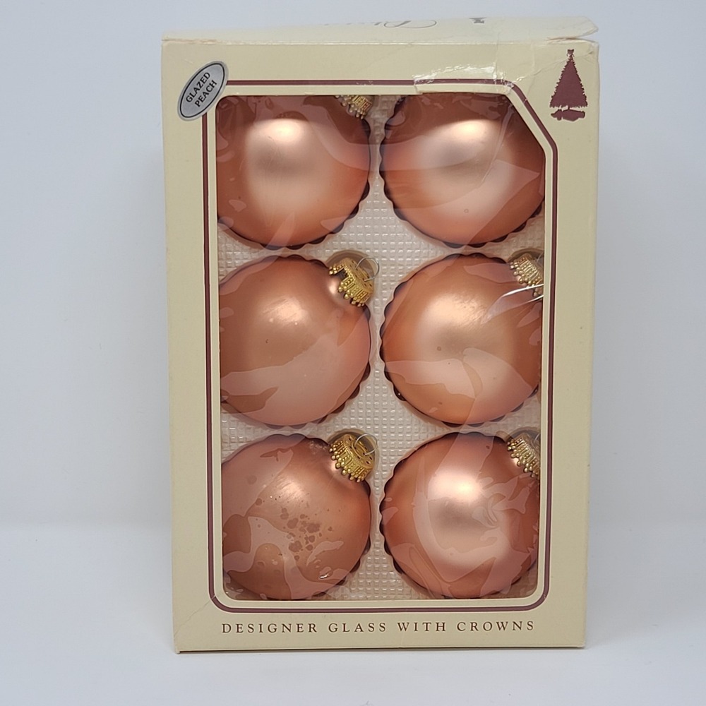 VTG Krebs Peach Glass Christmas Ornaments Set 6 BOXED Cottagecore GRANDMACORE